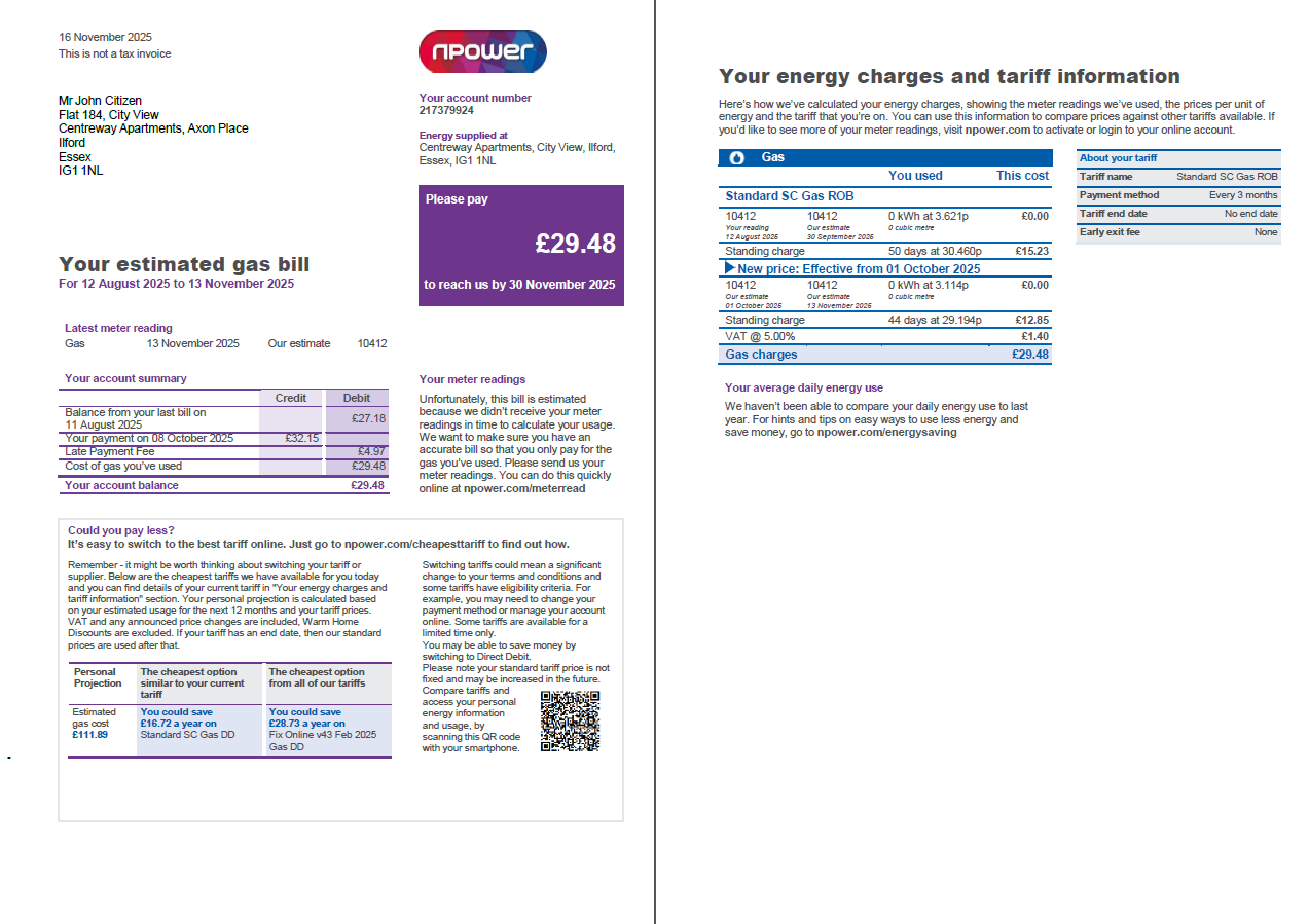 United Kingdom Npower utility bill template in Word and PDF formats, 3 pages, 1 2 page